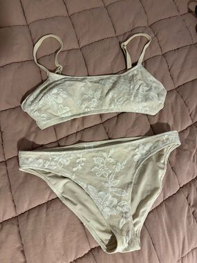 aerie Cream Lace Mesh Bikini Set